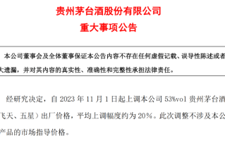 飞天茅台出厂价上调约20％ 不涉及市场指导价格！