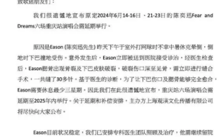 陈奕迅中暑晕倒下巴缝了30多针 重庆站六场演唱会需延期至2025年内举行！