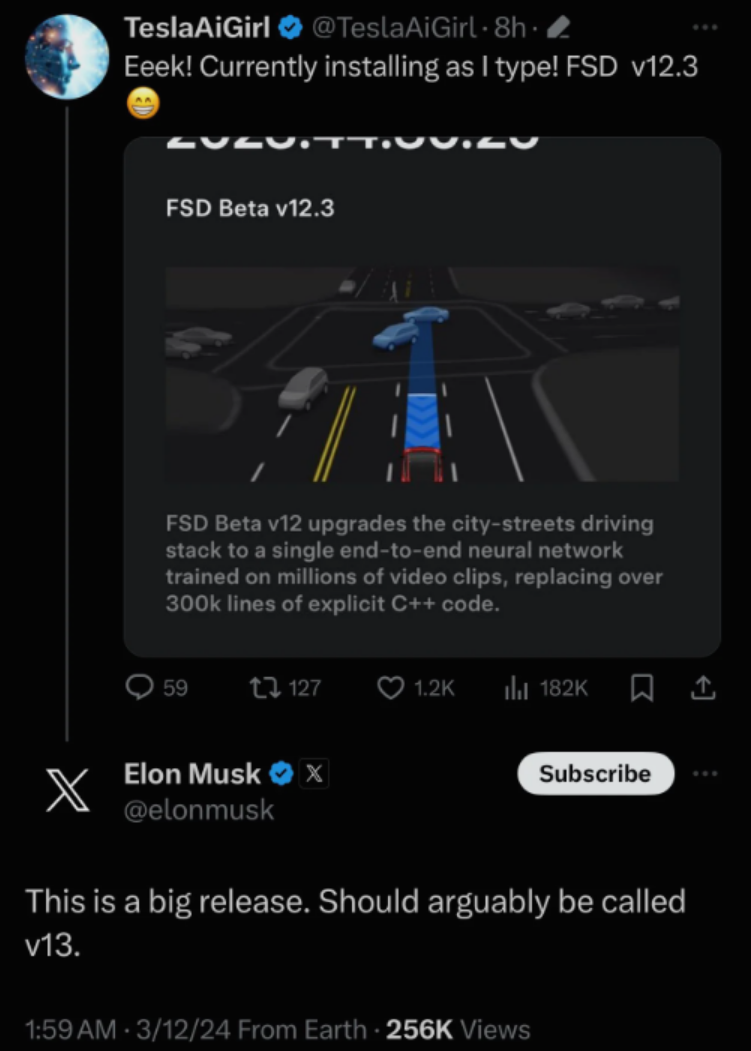 特斯拉FSD 12.3 Beta今日更新 马斯克：将是一次“重大发布”！-第1张图片