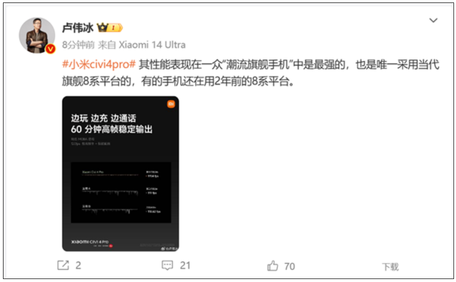 卢伟冰评价小米Civi 4 Pro：最强潮流旗舰 友商还在用2年前的8系！-第2张图片